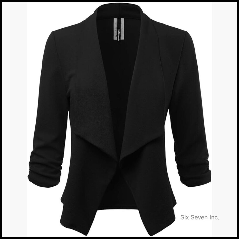 Stretch 3/4 Gathered Sleeve Open Blazer Jacket, Polyester Spandex